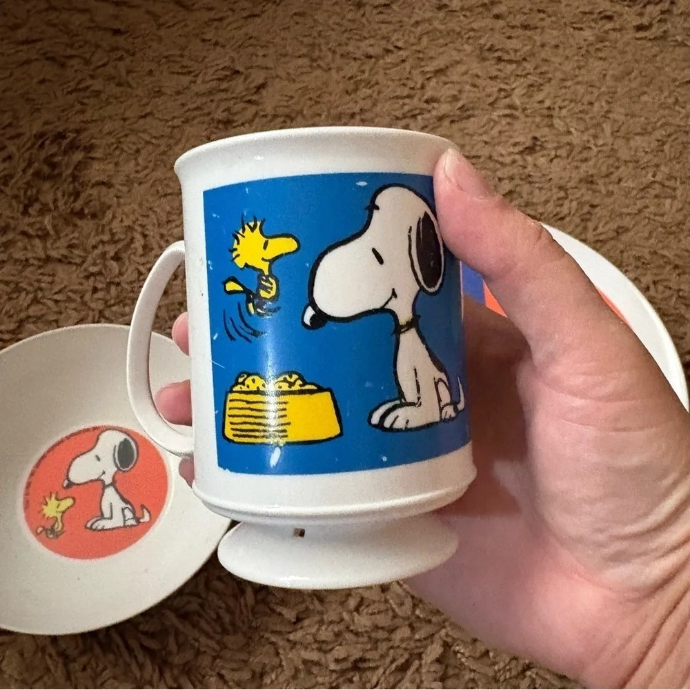 Vintage Snoopy Plate Set Peanuts Melamine Triangle Dinnerware Woodstock Cartoon